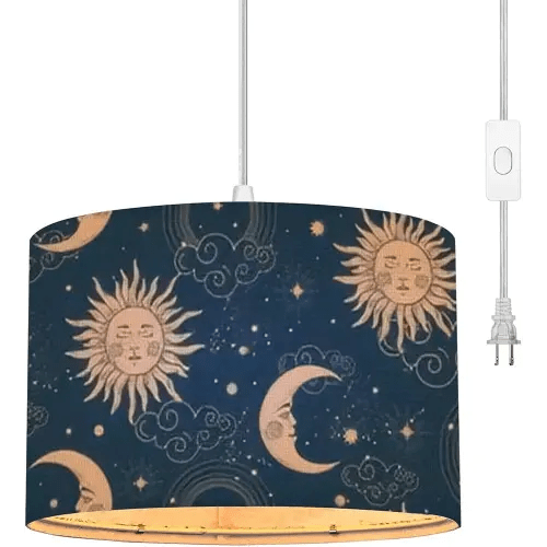 Plug in Pendant Light cosmic with sun and crescent moon vintage astrology Hanging Lamp with Plug in Cord 16.4 ft Dimmable Switch Fabric Shade Hanging Light for Bedroom Kitchen Island Living Room