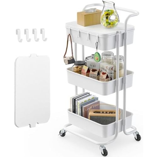 3 Tier Rolling Utility Cart with Wheels & 4 Hooks, Rolling Storage Cart
