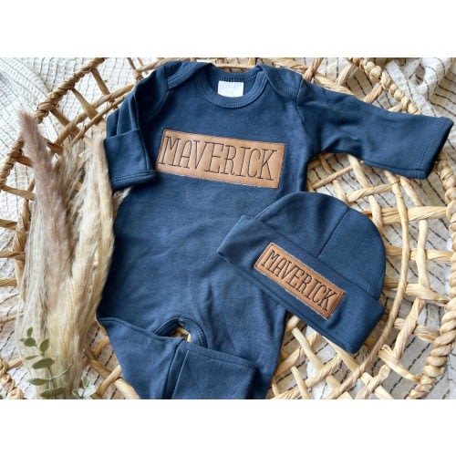 Personalized Baby Boy Outfit | Navy Romper - Leather Patch Style Baby – Wonderfully Made
