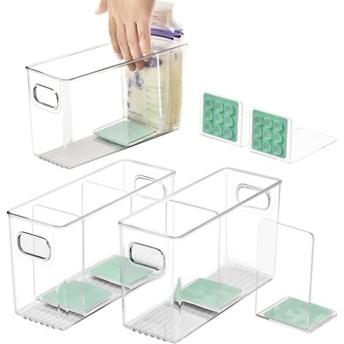 Breastmilk Storage Container with L Shaped Dividers to Flatten Standing Breast Milk Bags in Organizer Bins Save Refrigerator Space | 2 Containers with 4 Removable Separator Boards - Green