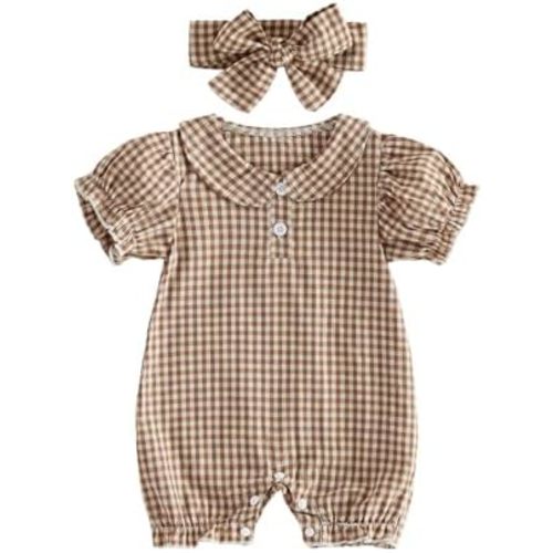 Infant Baby Girl Outfit Peter Pan Collar Short Sleeve Romper Jumpsuit Gingham Onesie Newborn Summer Clothes Headband