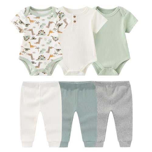 Ruliby Baby Bodysuit and Pant Set 6-pcs Ribbed Soft Infant Boy Girl Clothes Outfits