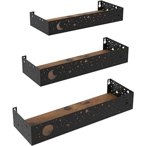 Serwrsw Moon and Stars Wall Shelves Black, Set of 3 Small Floating Shelves for Bedroom Living Room Wall Storage or Decor, Brown Board