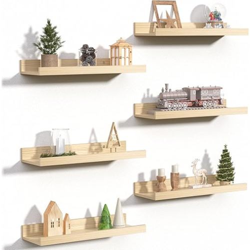 upsimples Floating Shelves for Wall, Wall Shelves for Decor Storage Set of 6, Wall Mounted Wood Shelves for Bedroom, Living Room, Bathroom, Kitchen, Picture Ledge Shelves, Natural
