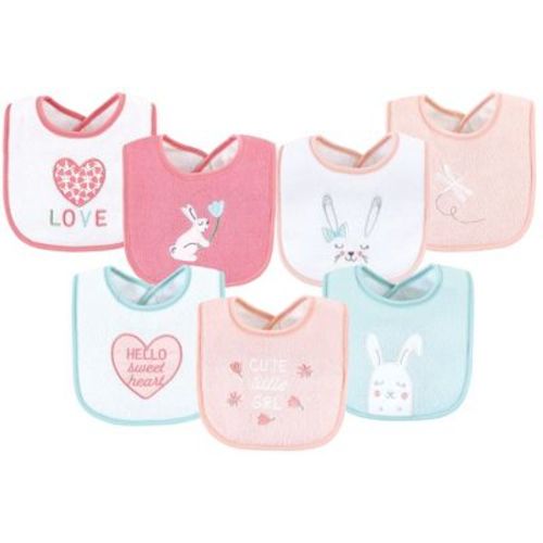 Hudson Baby Infant Girl Cotton Terry Drooler Bibs with Fiber Filling Set, Bunny, One Size