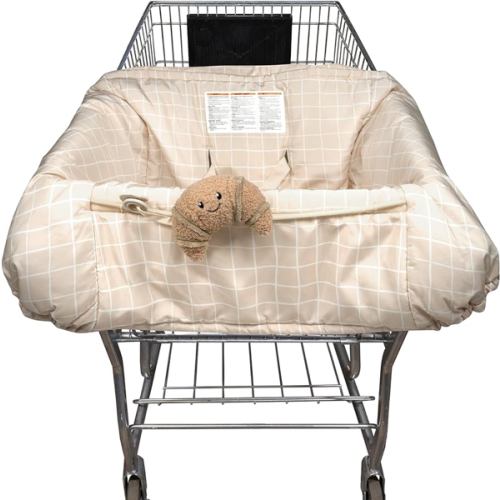 Boppy Shopping Cart Cover, Almond Croissant, Cart Cover for Babies with Soft 360-Degree Coverage, Safety Harness, and SlideLine Toy Tether with Plush Croissant Included, 6mo+