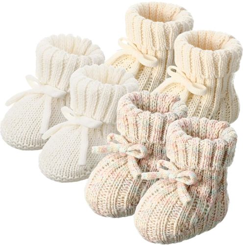 3 Pairs Knitted Baby Booties 0-6 Months Newborn Baby Shoes First Walkers Cozy Shoes for Infant Girl Boy