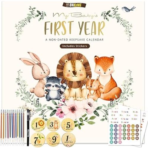 Baby’s First Year Memory Calendar with Stickers & Baby Wooden Monthly Milestone Photo Cards, 12 Month Wooden Keepsake Gift for Baby Shower, Newborn, Parents, Nursery Wall Decor
