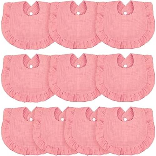 Seematn 10 Pcs Baby Muslin Bibs Drool Bibs Bandana Ruffle Soft Cotton for Newborn Baby Infants Girl Teething Toddlers Boy(Pink)