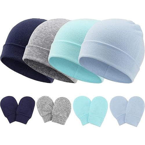 Newborn Baby Hats and Mittens Set Toddler Cotton Beanie Cap Infant Newborn Hospital Hats for Baby Boys Girls 0-6 Months