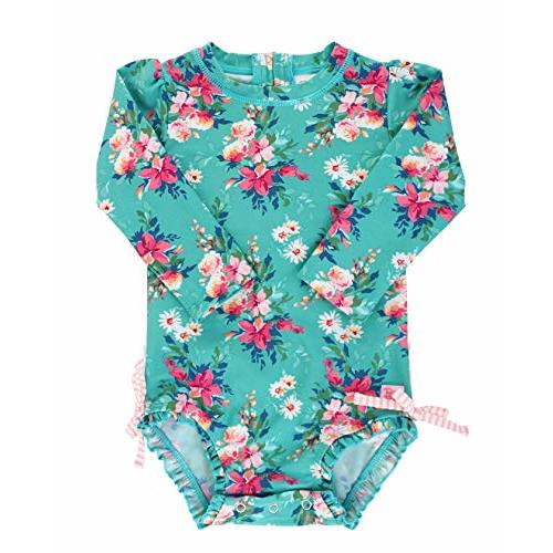 RuffleButts Baby Girls UPF 50+ Sun Protection Floral Printed Long Sleeve One Piece Rash Guard Swimsuit with Zipper