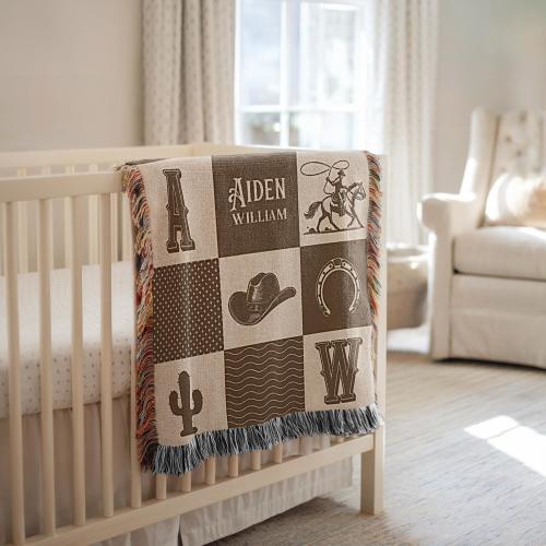 Western Baby Blanket with Name Cowboy Patchwork Woven Quilt Ranch Blanket Boy Western Nursery Crib Blanket Monogram Fringe Throw Longhorne