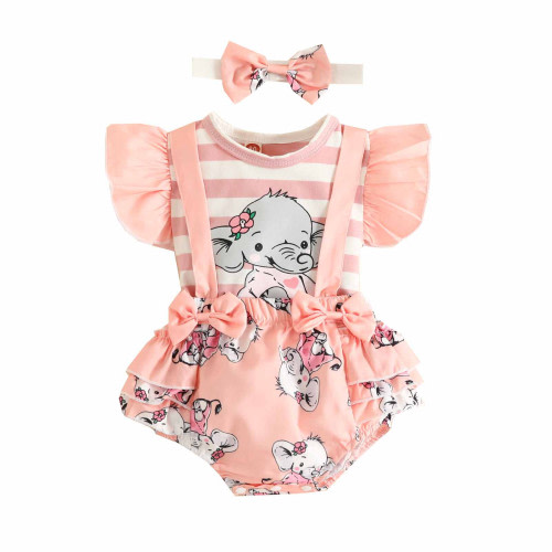 CaComMARK PI Baby Girl Clothes Clearance Summer 0-18M Romper Dress One Piece Cute Lace Sleeveless Bowtie Printed Jumpsuit Hairband Toddler Outfit Children Gifts Cheapest Items on Sale Pink