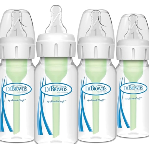 Dr. Brown's Natural Flow Anti-Colic Options+ Narrow Baby Bottle, 4 oz/120 mL, with Level 1 Slow Flow Nipple, 0m+, 4 Pack