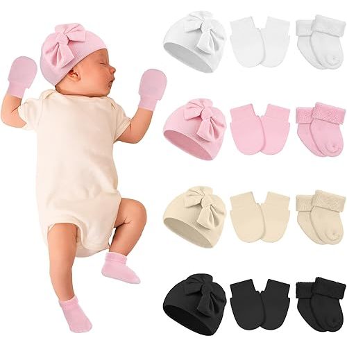 Toulite 4 Pack Preemie Hats and Socks Set Cotton Warm Bow Knot Caps,mittens and No Scratch Preemie Warm Socks