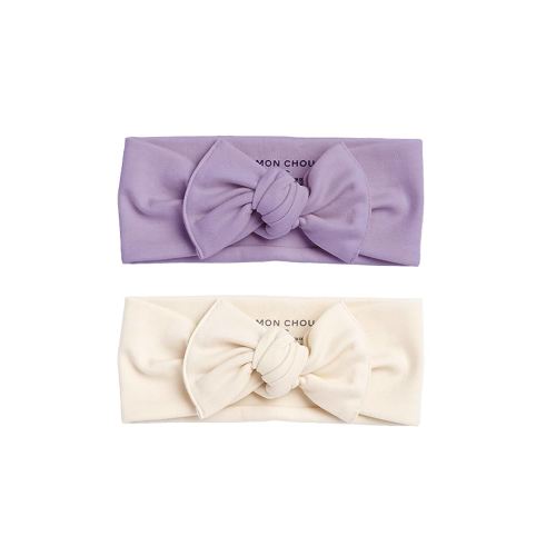 MON CHOU Adjustable Baby Headbands - Set of 2 Organic Cotton Headbands for Baby Girls - Ultra Soft, 100% Pima Cotton Infant Hair Bows (Ivory & Crocus Petal)