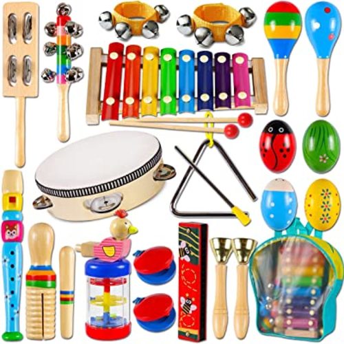 LOOIKOOS Toddler Musical Instruments,Wooden Percussion Instruments Toy for Kids Baby Preschool Educational Musical Toys Set for Boys and Girls with Storage Bag