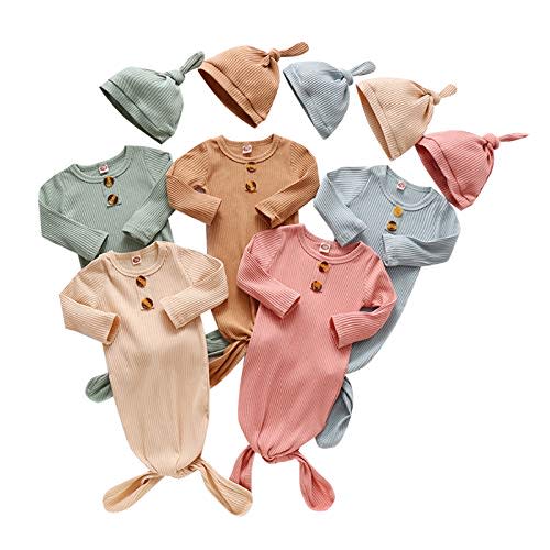 BASKOPA Baby Knotted Sleeper Gown Unisex Boys Girls Sleepsuits with Mitten Cuffs and Matching Hat Baby Coming Home Outfit