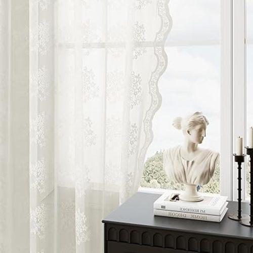 Ivory Lace Curtains 84 Inches Long 2 Panels Vintage Lace Voile Sheer Floral Curtain Decorative Cream Flower Pattern Rod Pocket Privacy Off White Curtains with Scalloped Edges for Living Room 52x84