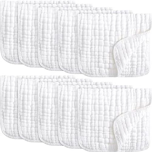 Yoofoss Muslin Burp Cloths 10 Pack Baby Washcloths Large 20''X10'' 100% Cotton 6 Layers Super Soft and Absorbent - White