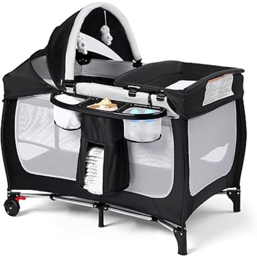 Kinder King 4 in 1 Portable Pack and Play, Baby Playard w/Bassinet, Large Playpen for Infant and Toddler, Newborn Changing Table, Adjustable Canopy, Storage Basket, Travel Bag, Black