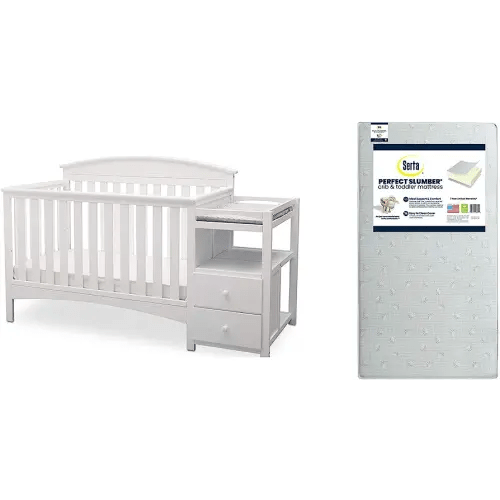 Delta Children Abby Convertible Crib 'N' Changer, Bianca + Serta Perfect Slumber Dual Sided Recycled Fiber Core Crib and Toddler Mattress (Bundle)