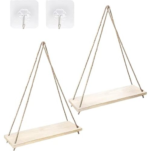 Wood Hanging Shelves for Wall, Set of 2 Boho Shelf, Wall Hanging Shelf, Window Plant shelve, Floating Walls Shelves for Living Room Bedroom Bathroom Kitchen (Natural)