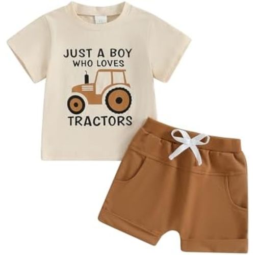 WZTYYDS Toddler Baby Boy Summer Clothes Tractor Letter Print Short Sleeve T-shirt Tops Casual Shorts 2 Piece Outfit