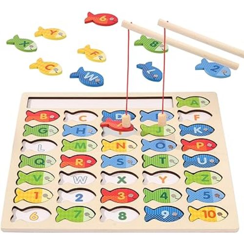 Wooden Magnetic Fishing Game for Toddlers, Montessori Fine Motor Skills Toy with Letters and Numbers, Preschool Learning ABC and Puzzle Educational Toys Gift for 3 4 5+ Year Old Kids(2 Poles)