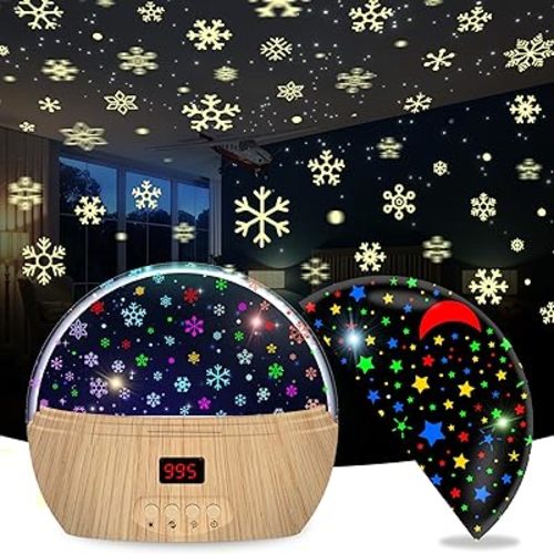 DCAUT Snowflake and Star Projector Night Light for Kids, Star and Snow Night Light Projector with Timer, Ideal for Decorating Birthdays, Festival, and Party (Wood)