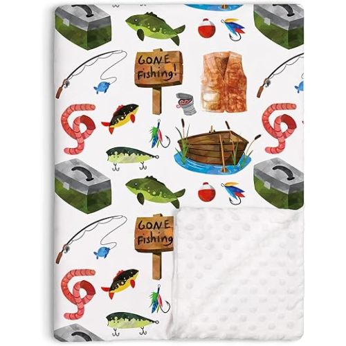 Fishing Baby Blanket for Boys, Gone Fishing Themed Toddler Soft Minky Blanket with Double Layer Dotted Backing, Newborn Nursery Baby Crib Receiving Blanket Fishing Boat Newborn, 30"x40"