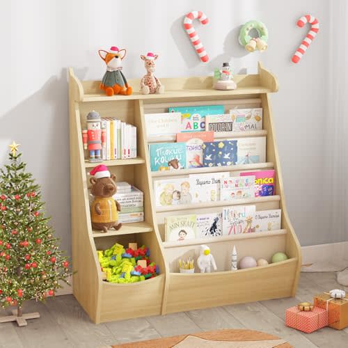 FKWin Kids Bookshelf, Kids Toy Storage Organizer, Baby Storage Book Rack, 4 Tier Kids Wooden Bookshelves, 4 Layer Sling Bookcase for Playroom, Bedroom, Living Room, Kids Room, Nursery, School(Natural)