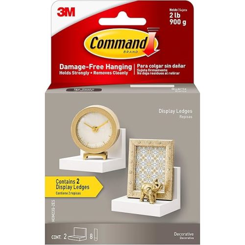 Command Display Ledges, Holds up to 2 lb, Quartz, 2 Ledges with 8 Medium Command Strips, Damage Free Hanging Floating Shelf with Adhesive Strips, Personalize Living Room, Bedroom, Kids Room or Office