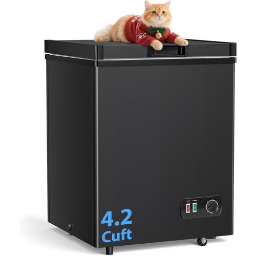 4.2 Cu.Ft Upright Deep Freezer, LifePlus Small Chest Freezer with 7-Temp Settings, Removable Basket & Smooth-Roll Wheels, Ultra Quiet, Energy Saving for Apartments, Garages, Offices, Kitchens,Balck