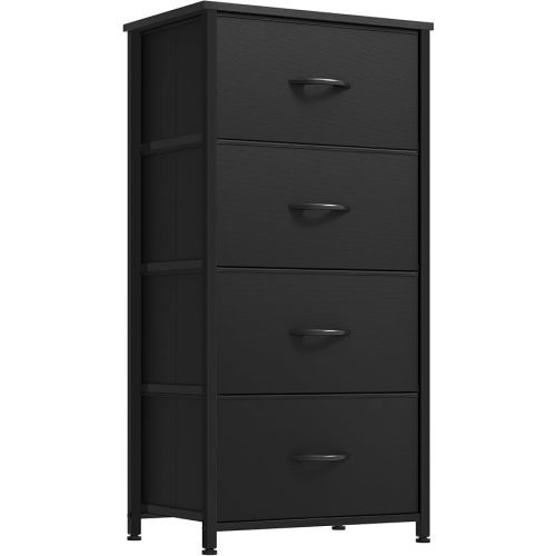 DWVO Storage Tower with 4 Drawers - Fabric Dresser, Organizer Unit, Living Room, Closets - Sturdy Steel Frame, Easy Pull Fabric Bins & Wooden Top