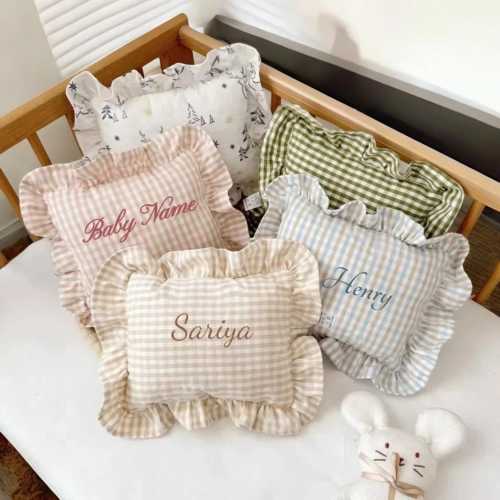 Custom Name Nordic Cotton Baby Pillow with Ruffles – 28x34cm Newborn Cushion for Bedding & Room Décor