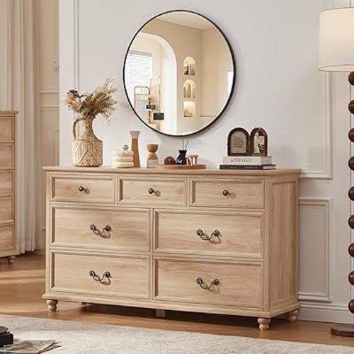 Farmhouse 54" 7 Drawers Dresser for Bedroom, Wide Chest of Drawers w/ 4 Wooden Legs, Vintage Rustic Large Closet Storage Dressers Organizer for Hallway, Wood TV Stand for Living Room, Natural