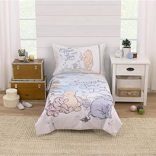 Disney Classic Winnie The Pooh Light Blue, Green, and Yellow, Snuggly Sort of Day 4 Piece Toddler Bed Set - Comforter, Fitted Bottom Sheet, Flat Top Sheet, and Reversible Pillowcase