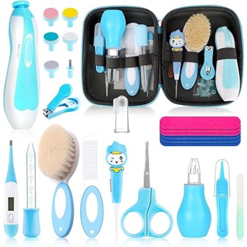 Baby Healthcare and Grooming Kit, Baby Safety Set Newborn Nursery Health Care Set with Hair Brush Scale Measuring Spoon Nail Clippers for Baby Girls Boys (24pcs, Pink) (24PCS Blue)