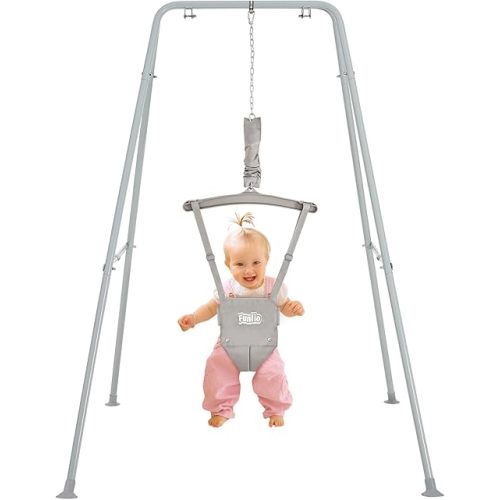FUNLIO Baby Jumper with Stand for 6-24 Months, Infant Jumper for Indoor/Outdoor Play, Toddler Jumper for Baby Girl/Boy, with Adjustable Chain, Easy to Assemble & Store (with Stand) - Grey
