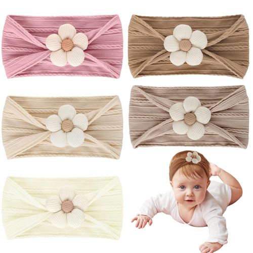 5 Pcs Baby Flower Headbands, Soft Nylon Baby Girl Headbands Flower Hair Accessories for Newborns Infant Toddler