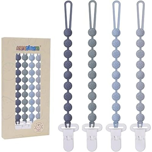 One Piece Design Silicone Pacifier Clip Holder,Pack of 4 Flexible Paci Leash,Binky Clips with Textures for Baby Boys and Girls,Newborn Essential (Gray)