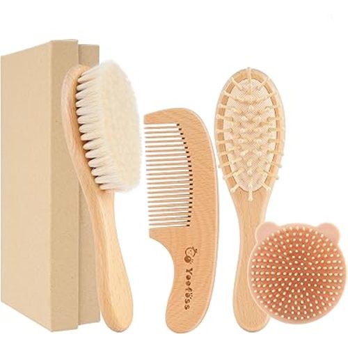 Yoofoss 4 Piece Baby Hair Brush and Comb Set for Newborn and Toddler, Wooden Baby Hair Brush with Natural Ultra Soft Goat Hair, Baby Comb Set for Boy, Girl, Cradle Cap Brush for Babies