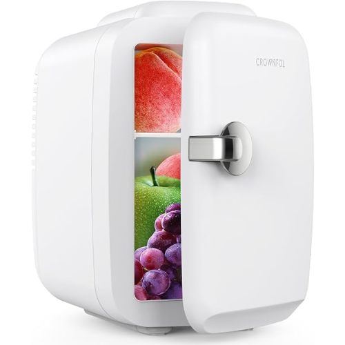 CROWNFUL Mini Fridge, 4 Liter/6 Can Portable Cooler and Warmer Personal Refrigerator for Skin Care, Cosmetics, Beverage, Food,Great for Bedroom, Office, Car, Dorm, ETL Listed (White)