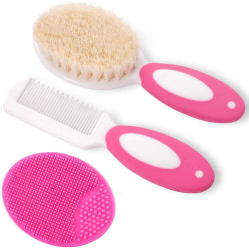 Baby Hair Brush and Comb Set for Newborns & Toddlers , Natural Soft Goat Bristles , Ideal for Cradle Cap , Perfect Baby Registry Gift (Red)