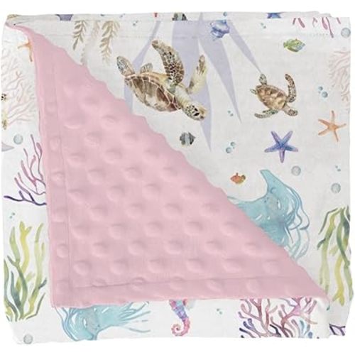 Retro Sea Animals Baby Blankets for Girl Boy Boho Sea Horse Turtle Jellyfish Starfish Coral Soft Mink Dotted Backing Double Layer Swaddle Blanket for Toddler Nursery Ocean Marine Bed Blanket 30x40