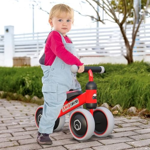 Ancaixin Baby Balance Bikes for 1 Year Old Boy Girl, Best First Birthday Gifts for Toddler from Standing to Running, Riding Toys for 1+ Years Old, No Pedal Infant 4 Wheels Baby Bicycle - Red Bull