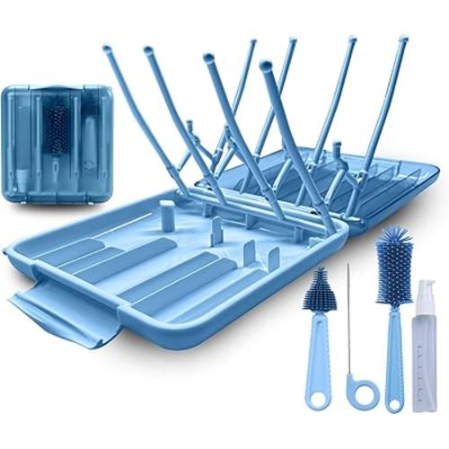 Portable Baby Bottle Cleaning Kit – 6-in-1 Travel Bottle Brush Set with Drying Rack, Nipple Brush, Straw Brush, Soap Dispenser & Storage Box – Essential Baby Bottle Cleaner for Home & Travel