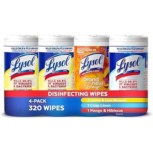 Lysol Disinfectant Wipes Bundle, Multi-Surface Antibacterial Cleaning Wipes, contains x2 Lemon & Lim Blossom, Crisp Linen, Mango & Hibiscus, Pack of 4