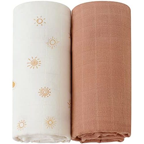 LifeTree Baby Swaddle Blankets, Muslin Swaddle Blankets Boys Girls Swaddling Wrap Receiving Blanket Neutral for Newborn, 100% Organic Cotton, Large 47 x 47 inches, Sunshine Print & Solid Color